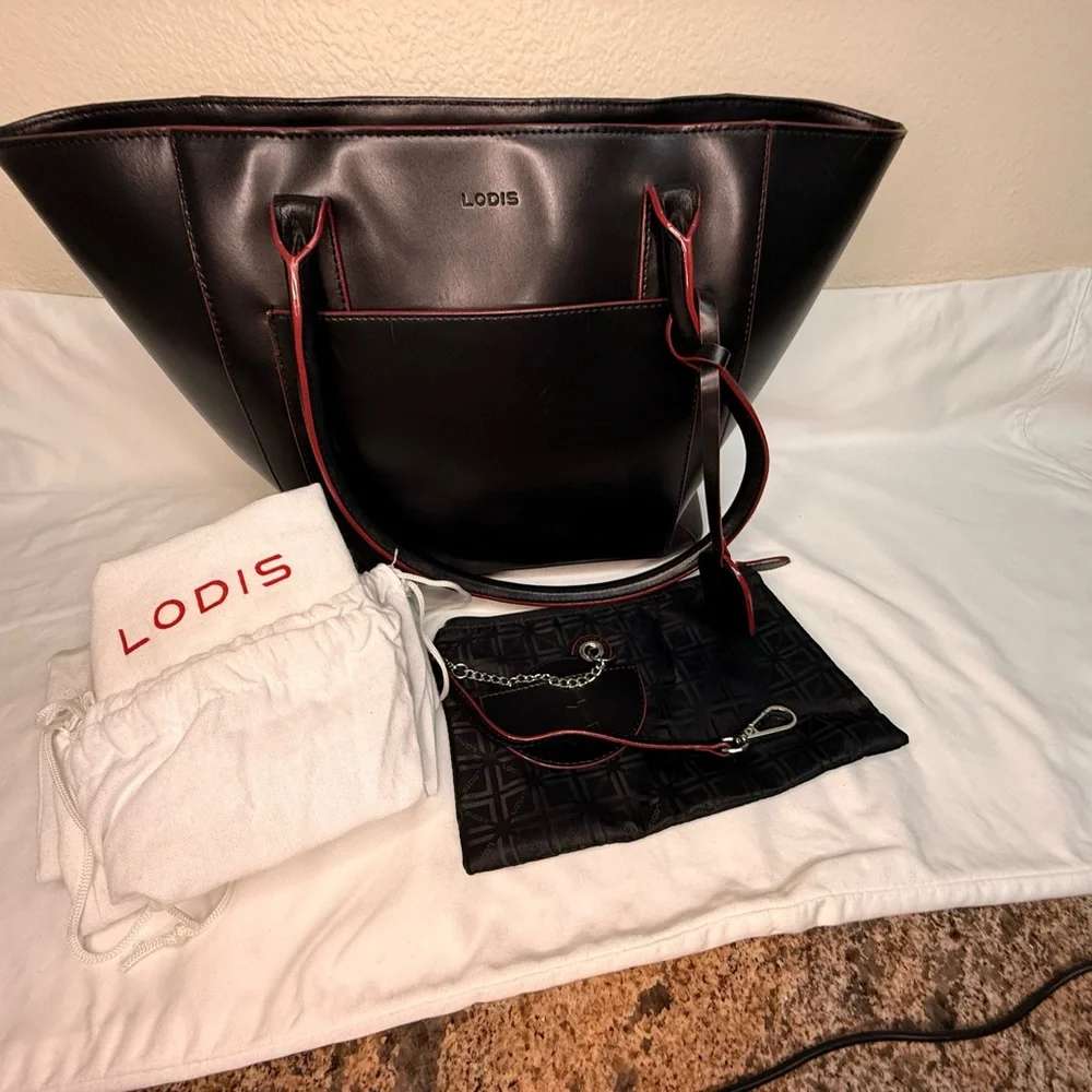 Lodis Black Red Edging Genuine Leather Large Tablet Tote Bag RFID & Cosmetic Bag